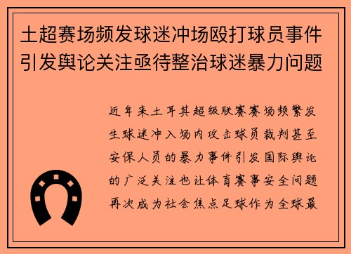 土超赛场频发球迷冲场殴打球员事件引发舆论关注亟待整治球迷暴力问题